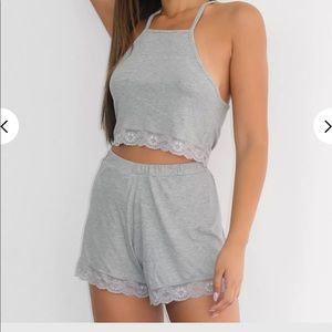 Missguided rib square neck lace trim pajama  set